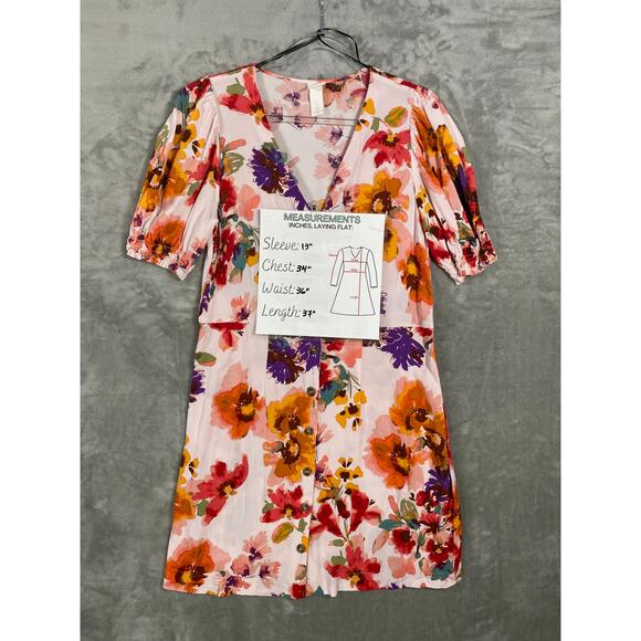 Women's Floral Puff Short Sleeve Button Down Summer Spring Shirt Dress Large - Picture 8 of 8